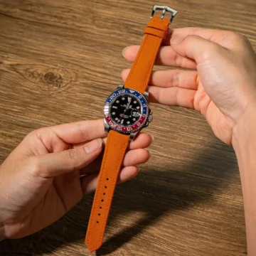 Orange-Sailcloth-Strap-on-Rolex-GMT-Master-II-Pepsi-made-by-Gunny-Straps