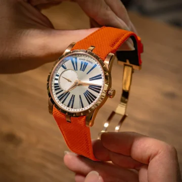 Orange-Sailcloth-Watch-Strap-on-Roger-Dubuis-Excalibur-42mm-made-by-Gunny-Straps