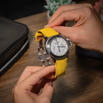 Yellow-Sailcloth-on-Panerai-Luminor-Chrono-Daylight-made-by-Gunny-straps