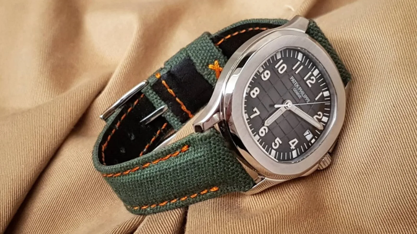 Army Green Canvas with Orange Stitch Strap on Patek Philippe Aquanaut