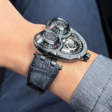 Grey-nubuck-crocodile-strap-with-hook-loop-on-MB&F-HM3-MegaWind-made-by-Gunny-Straps