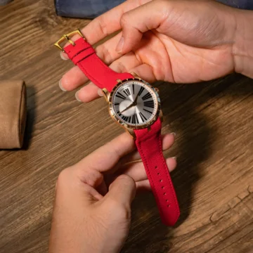 Red-sailcloth-strap-on-Roger-Dubuis-excalibur-made-by-Gunny-Straps