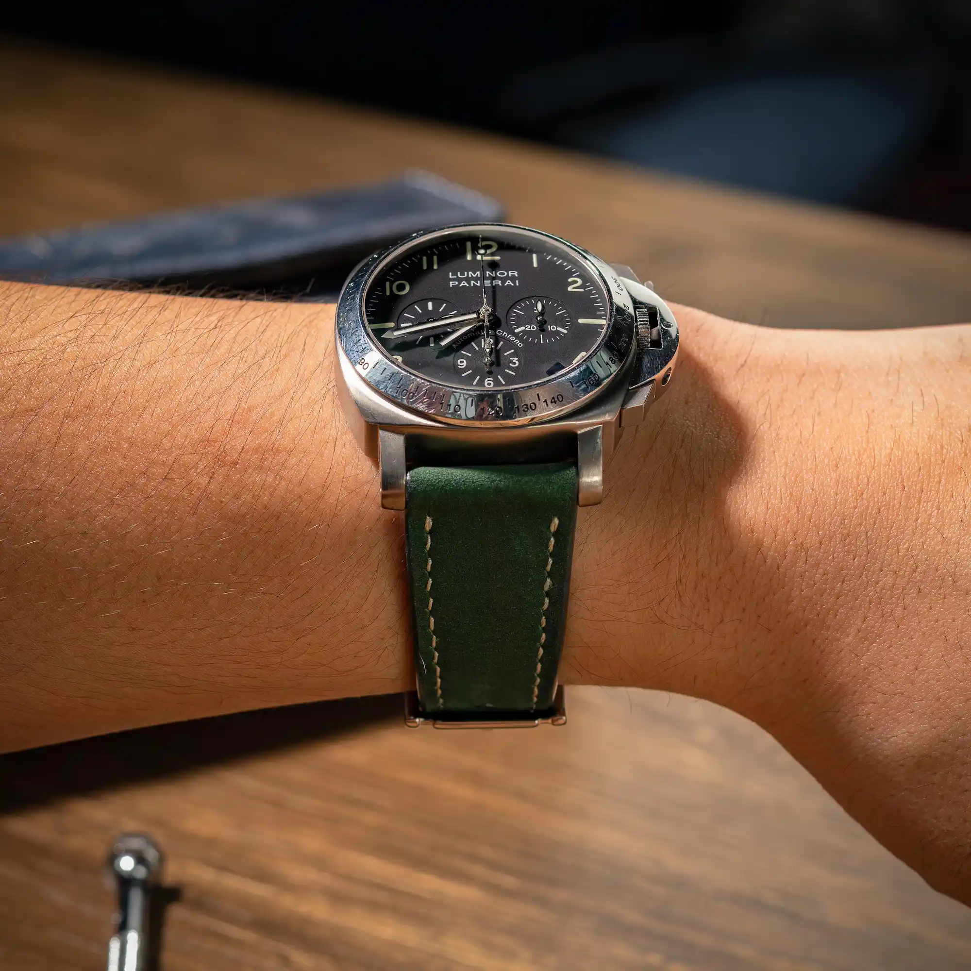 Green-nubuck-strap-on-Panerai-Luminor-PAM00072-made-nby-Gunny-Straps