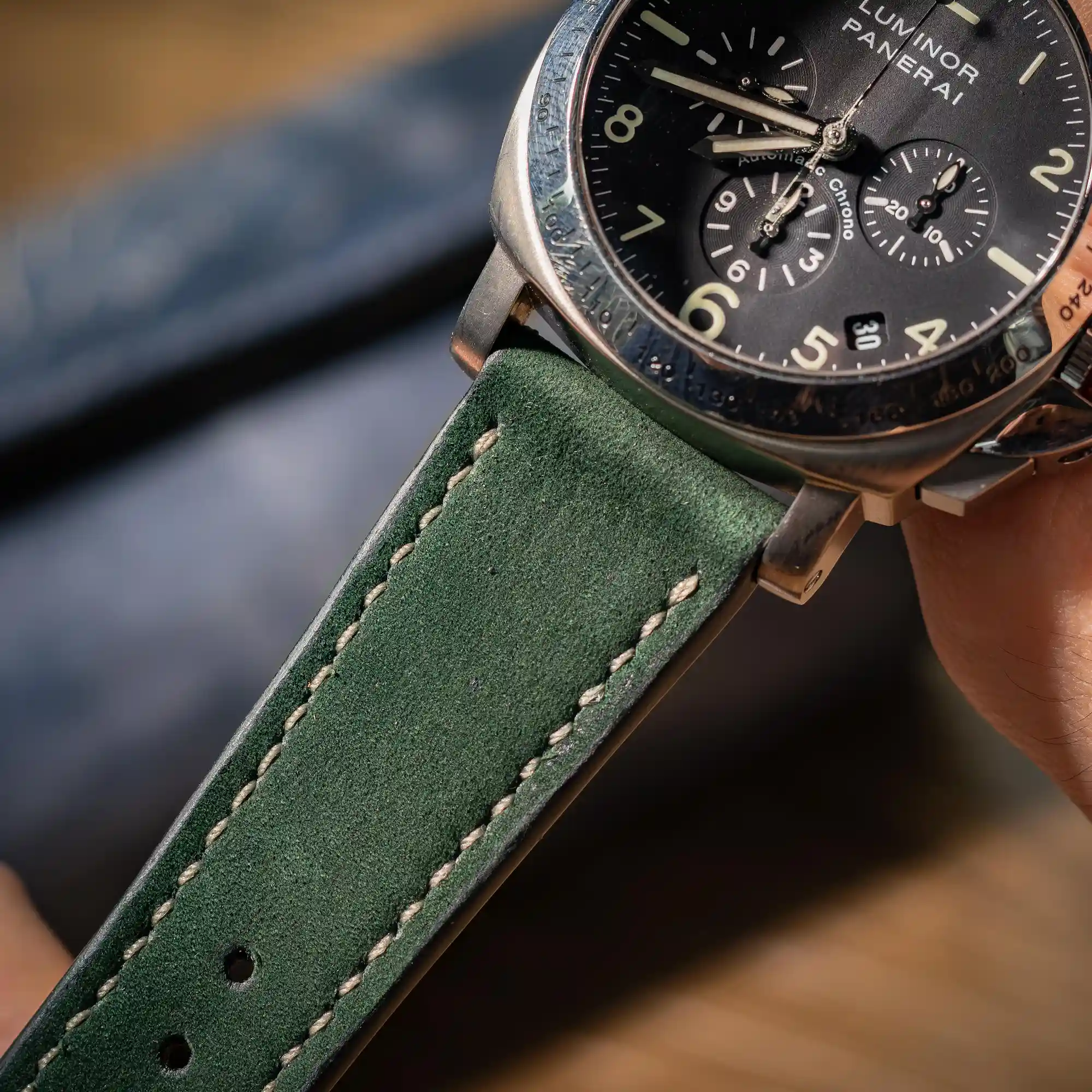 Green-nubuck-strap-on-Panerai-Luminor-PAM00072-made-nby-Gunny-Straps