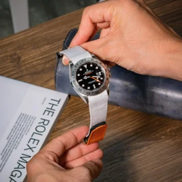 white-kevlar-strap-with-orange-hook-loop-on-rolex-explorer-II-made-by-Gunny-Straps