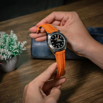 Orange-kevlar-strap-on-Rolex-Explorer-II-made-by-Gunny-Straps
