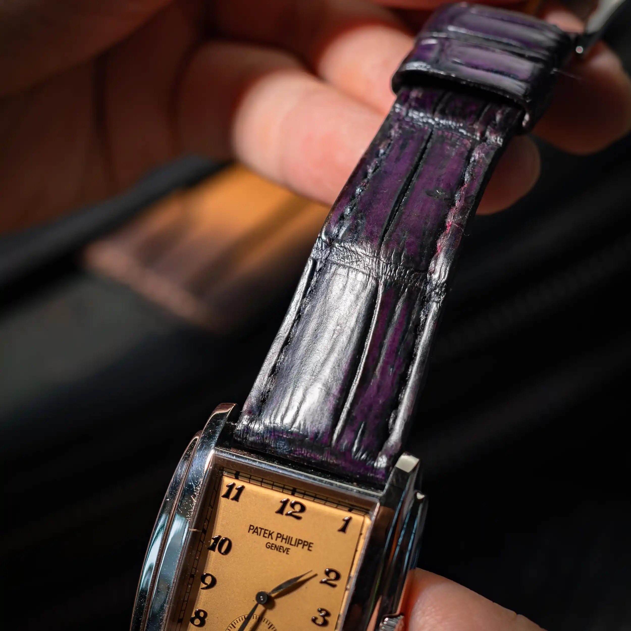 dark-amethyst-crocodile-watch-strap-on-patek-philippe-gondolo-made-by-Gunny-Straps