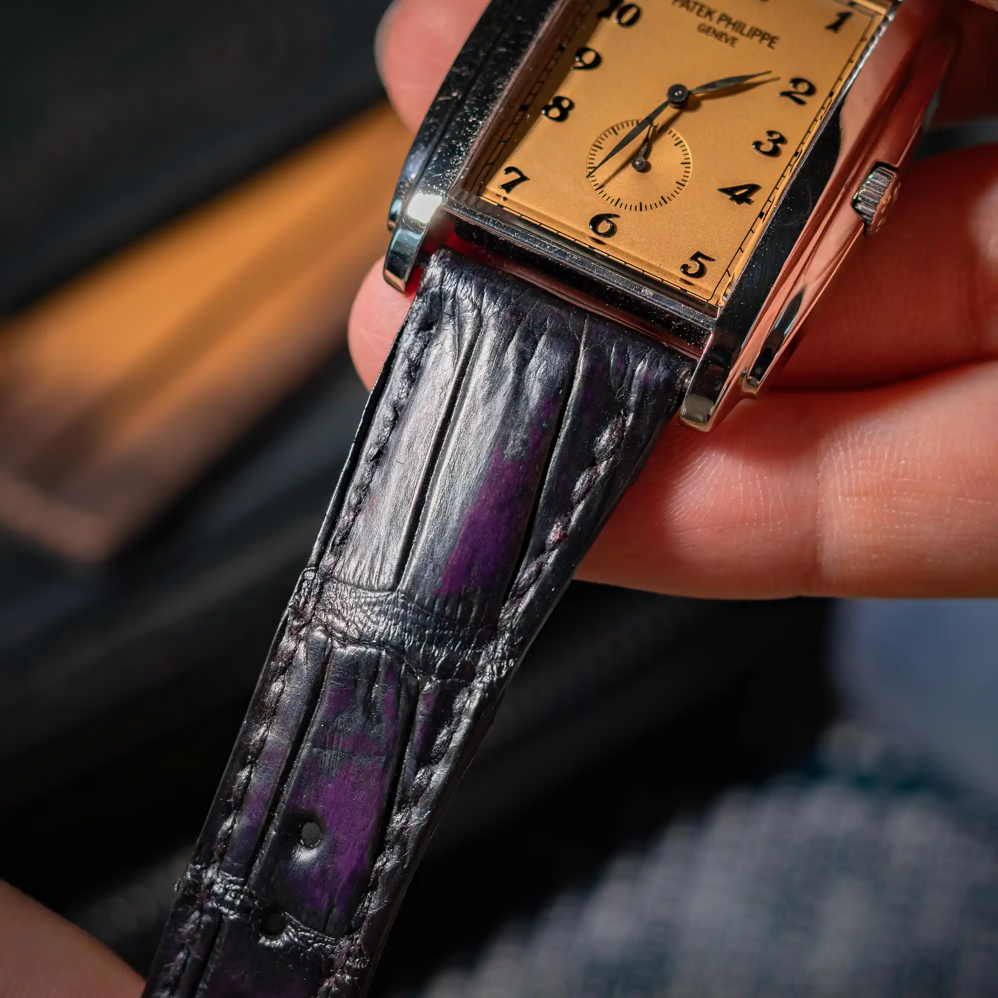 dark-amethyst-crocodile-watch-strap-on-patek-philippe-gondolo-made-by-Gunny-Straps