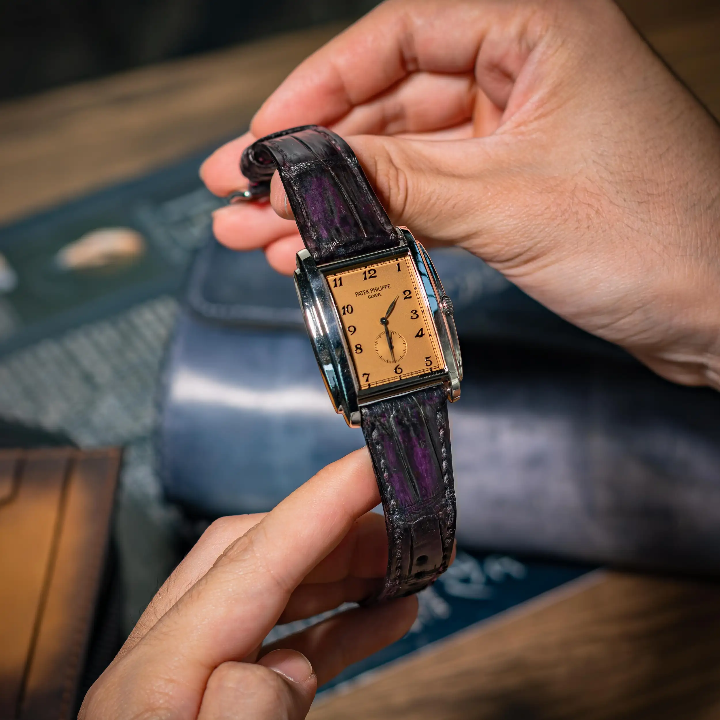 dark-amethyst-crocodile-watch-strap-on-patek-philippe-gondolo-made-by-Gunny-Straps