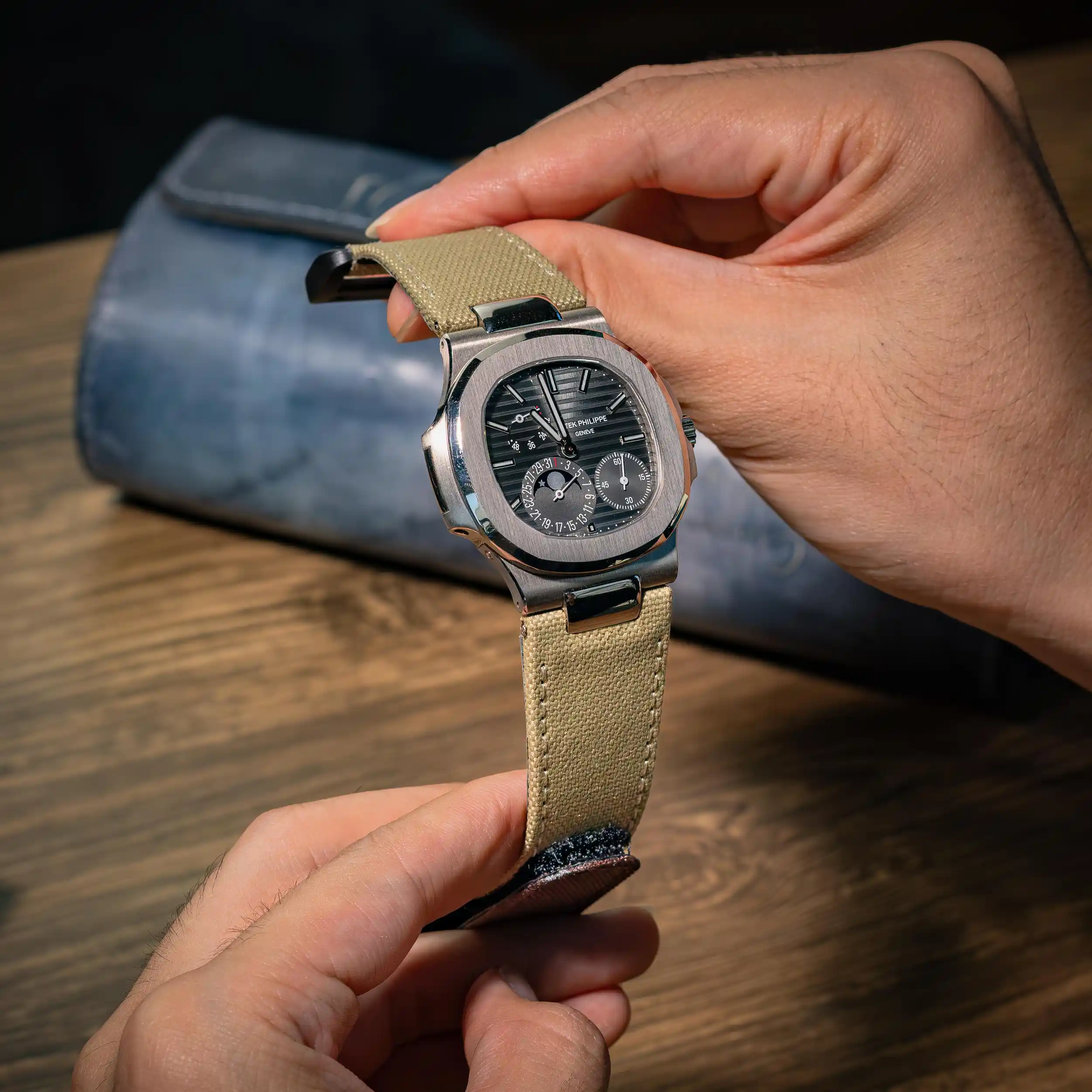 sand-kevlar-strap-with-brown-hook-loop-on-patek-philippe-nautilus-made-by-Gunny-Straps