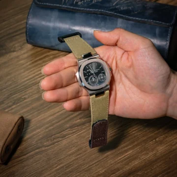 sand-kevlar-strap-with-brown-hook-loop-on-patek-philippe-nautilus-made-by-Gunny-Straps
