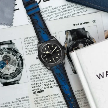 Blue-patina-scritto-strap-on-Tudor-black-bay-ceramic-made-by-Gunny-Straps