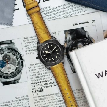 Gold-patina-scritto-strap-on-Tudor-black-bay-ceramic-made-by-Gunny-Straps