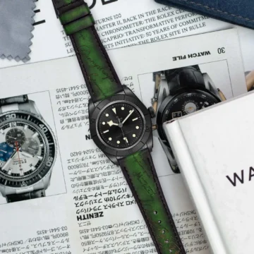 Green-patina-scritto-strap-on-Tudor-black-bay-ceramic-made-by-Gunny-Straps
