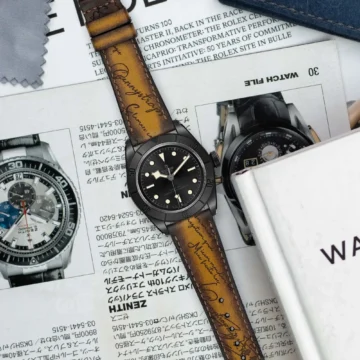 Brown-patina-scritto-strap-on-Tudor-black-bay-ceramic-made-by-Gunny-Straps