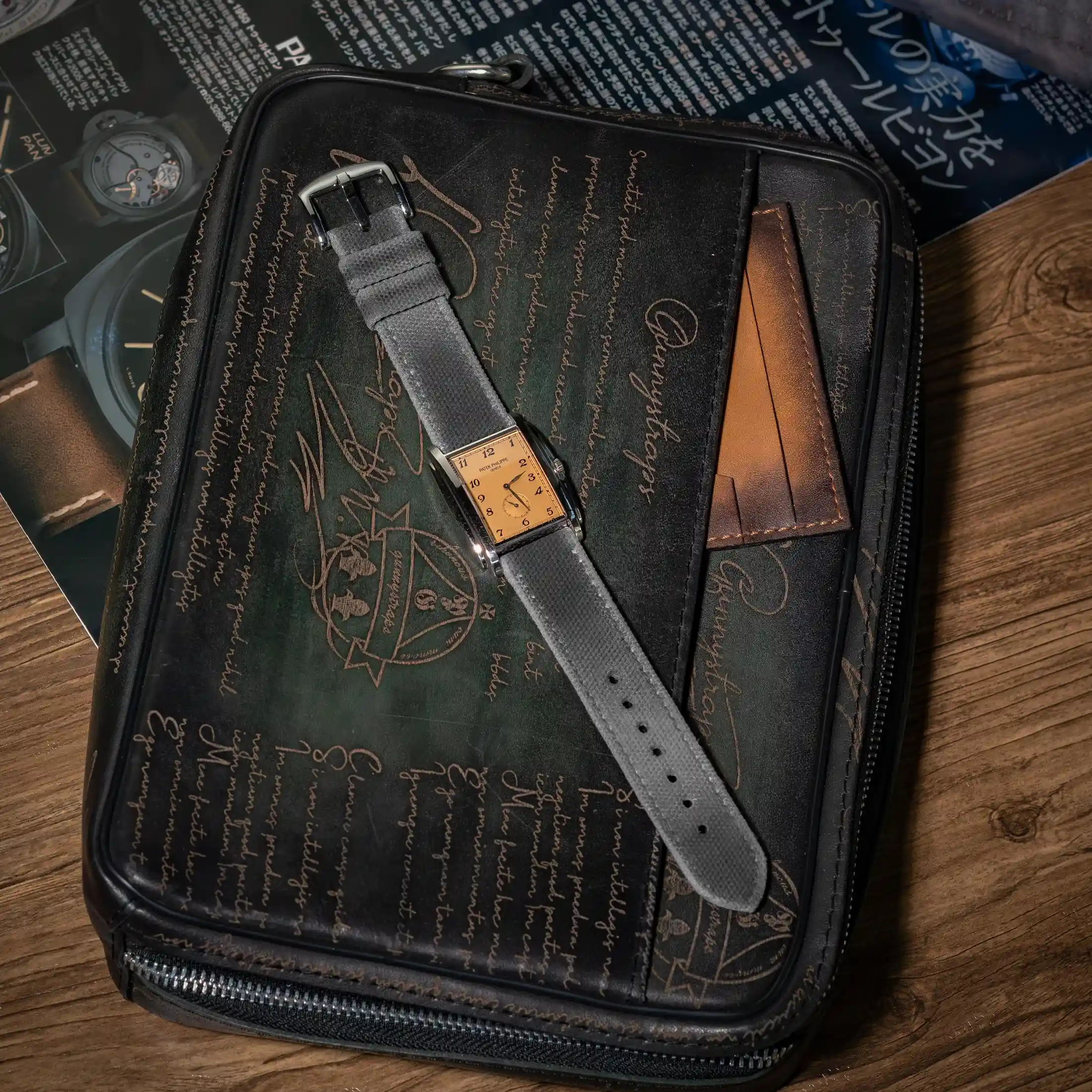 two-tone-canvas-dark-grey-light-grey-strap-on-patek-philippe-gondolo-made-by-Gunny-Straps