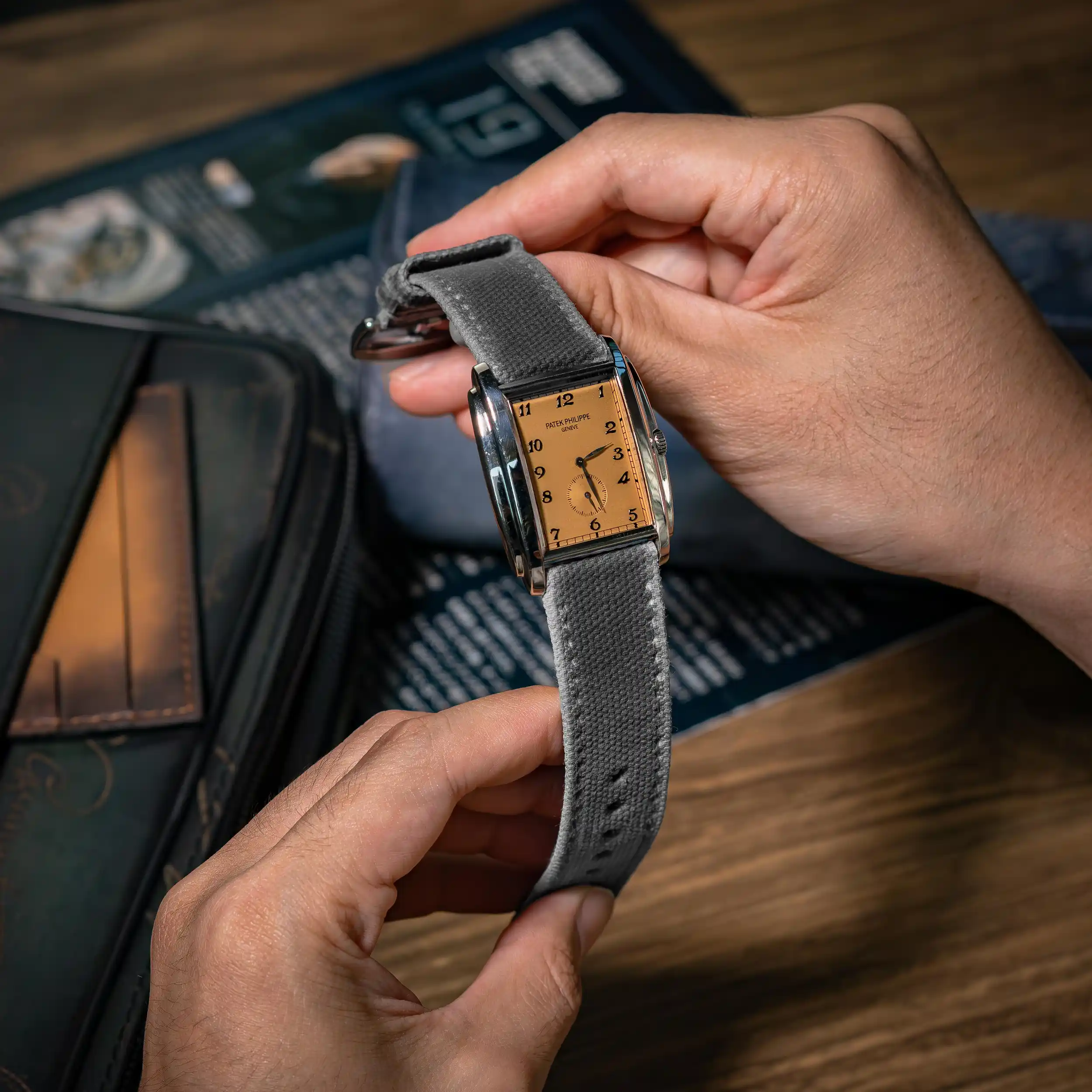two-tone-canvas-dark-grey-light-grey-strap-on-patek-philippe-gondolo-made-by-Gunny-Straps