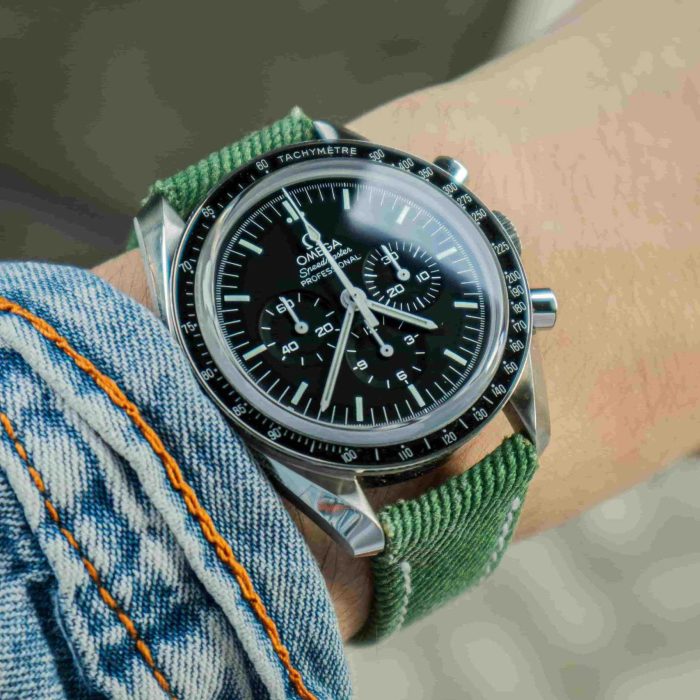 Green Denim Strap on Omega Speedmaster by Gunny Straps