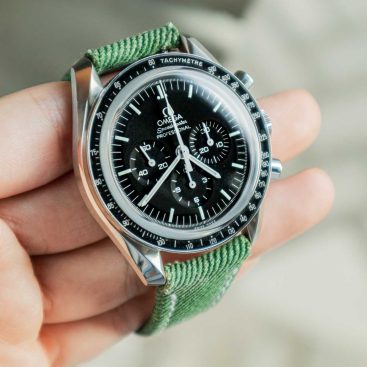Green Denim Strap on Omega Speedmaster by Gunny Straps