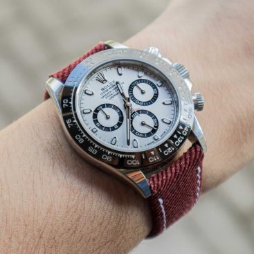 Red Denim Strap on Rolex Daytona Panda by Gunny Straps