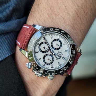 Red Denim Strap on Rolex Daytona Ceramic by Gunny Straps