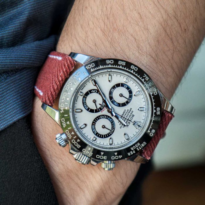 Red Denim Strap on Rolex Daytona Ceramic by Gunny Straps